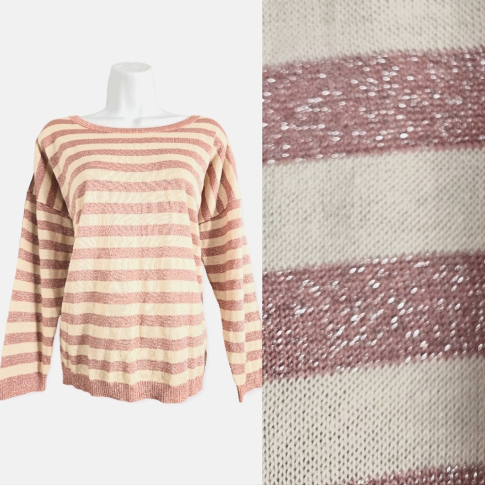 NWOT LOFT pink & cream linen metallic striped sweater Womens Large